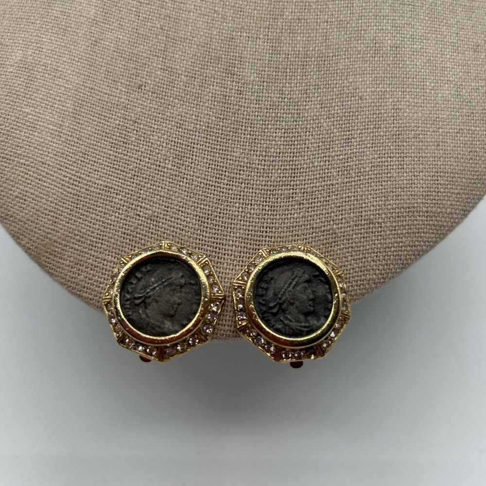 Rare Vintage CINER Gold Plated‎ Rhinestone Faux Ancient Roman Coin Clip Earrings
